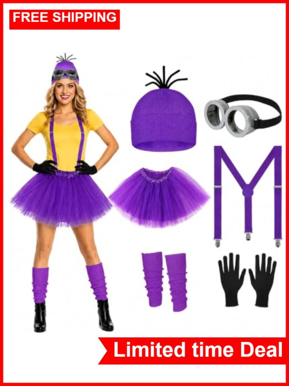 6 Pc Women's Halloween Costume Accessory Set with Beanie Tutu Gloves